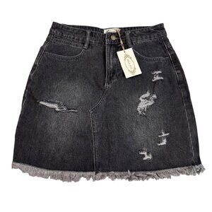 Joyfolie Miajoy Abilene Washed Black Denim Mini Skirt With Distressed size 27
